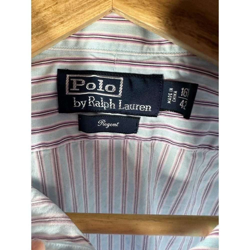 Polo Ralph Lauren Shirt Mens 16.5 Blue Stripe Regent Button Front‎ Long Sleeve